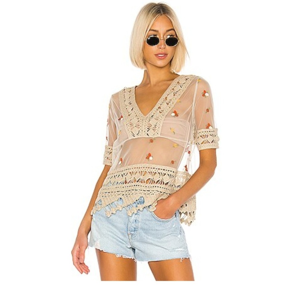 House of Harlow 1960 x Revolve Kyra Top Crochet Floral Sheer Embroidered M Tulle